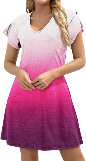 Summer Dresses for Women 2025 Beach Casual Deep V Neck Loose Sundress Ruffle Sleeve A-Line Mini Dress