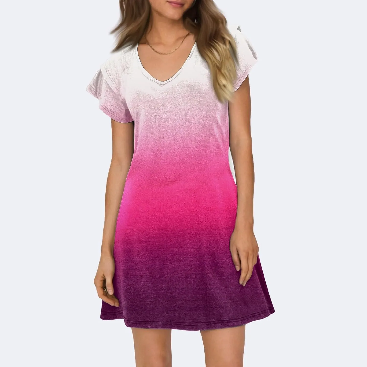 Summer Dresses for Women 2025 Beach Casual Deep V Neck Loose Sundress Ruffle Sleeve A-Line Mini Dress