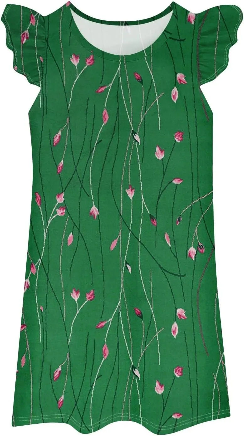 Summer Dresses for Women 2025 Boho Floral Print Solid Ruffle Sleeve Vacation Sundress Tshirt Dress Tank Dress