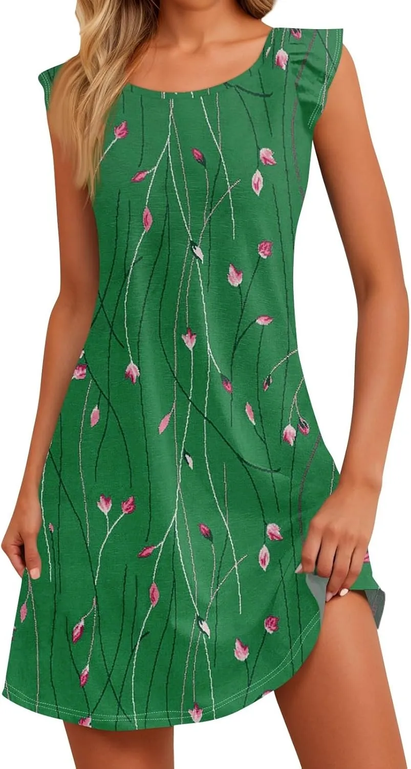 Summer Dresses for Women 2025 Boho Floral Print Solid Ruffle Sleeve Vacation Sundress Tshirt Dress Tank Dress
