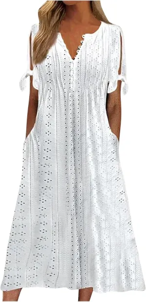 Summer Dresses for Women 2025 Casual Button Up Short Sleeve Eyelet Dress for Women Boho Tshirt Dress Beach Vacation Sundress