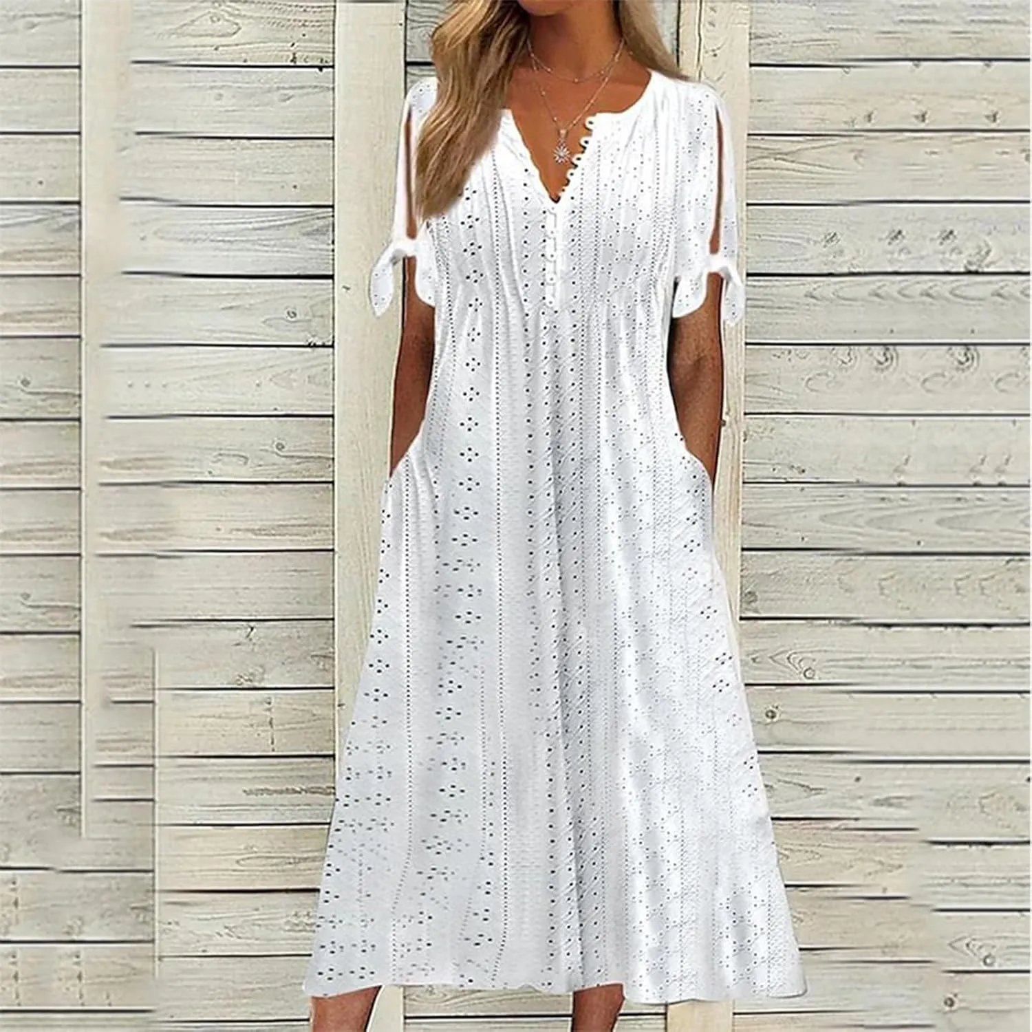 Summer Dresses for Women 2025 Casual Button Up Short Sleeve Eyelet Dress for Women Boho Tshirt Dress Beach Vacation Sundress