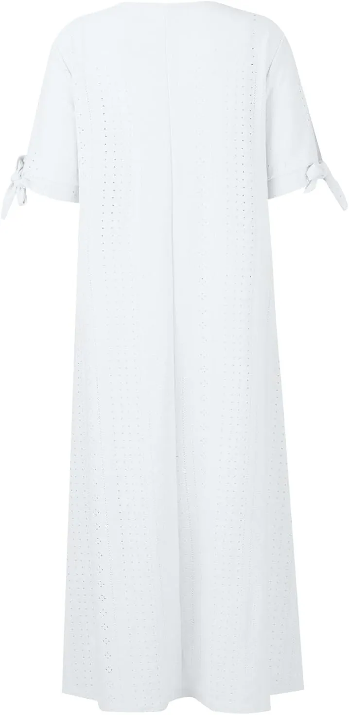 Summer Dresses for Women 2025 Casual Button Up Short Sleeve Eyelet Dress for Women Boho Tshirt Dress Beach Vacation Sundress