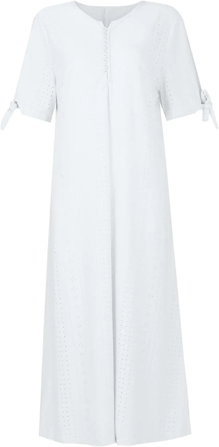 Summer Dresses for Women 2025 Casual Button Up Short Sleeve Eyelet Dress for Women Boho Tshirt Dress Beach Vacation Sundress