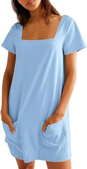 Summer Dresses for Women 2025 Square Neck Short Sleeve Tshirt Dress Knee Length Sundress Holiday Casual Frock with Pockets