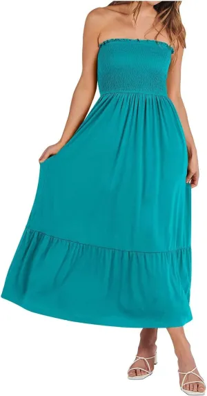 Summer Dresses for Women 2025 Strapless Maxi Dresses Off Shoulder Sleeveless High Waist Solid Color Long Dress