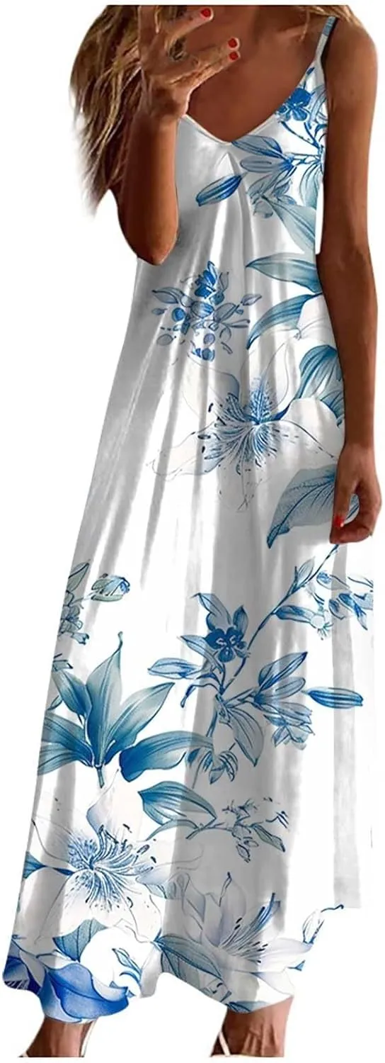 Summer Dresses for Women 2025 Vacation Casual Plus Size Maxi Beach Sun Dress Boho Flowy Long Suspender Sundress