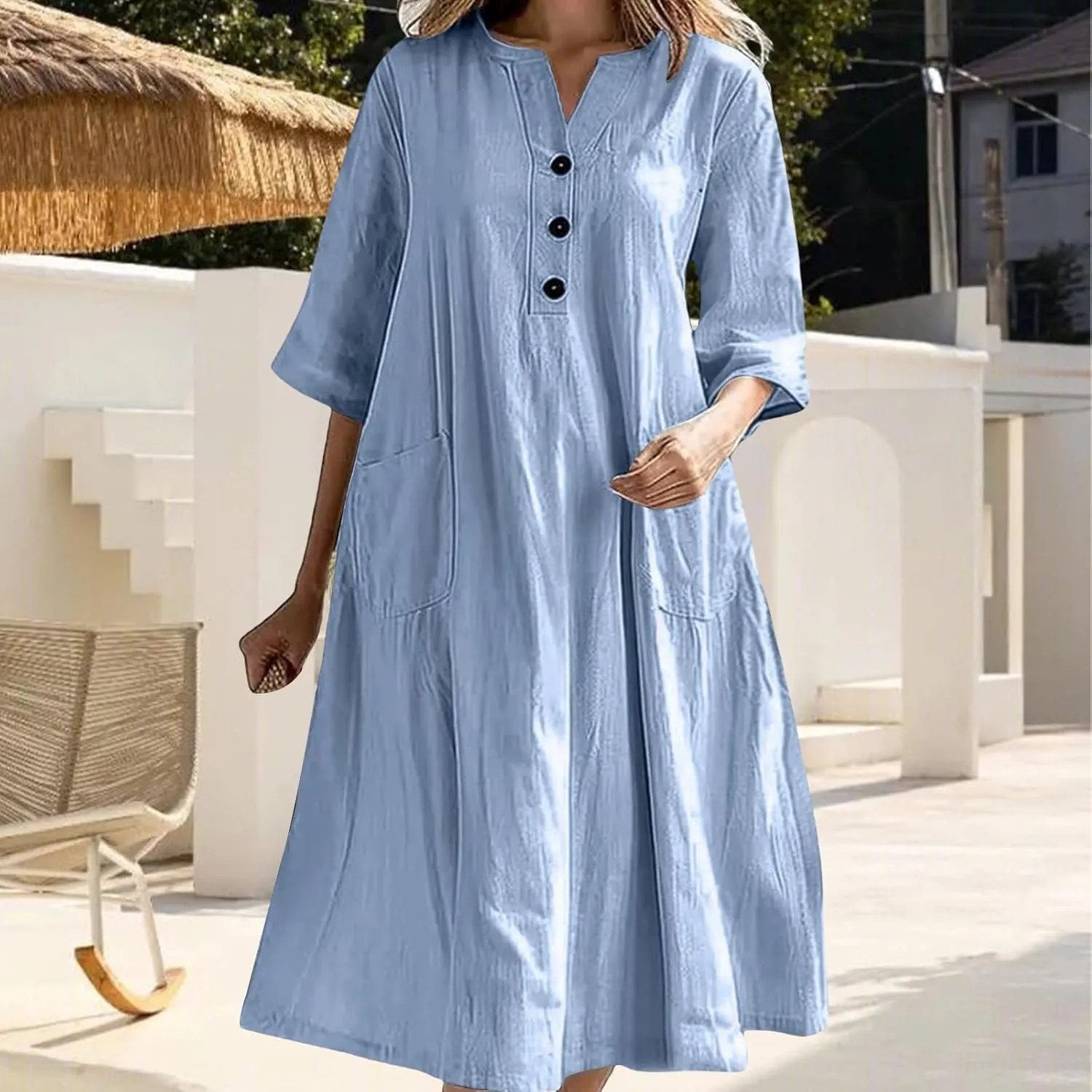 Summer Dresses for Women Boho Vacation Dress Midi Button Up 3/4 Sleeve Beach Dress Loose Fit Shift V Neck Sundress
