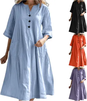 Summer Dresses for Women Boho Vacation Dress Midi Button Up 3/4 Sleeve Beach Dress Loose Fit Shift V Neck Sundress