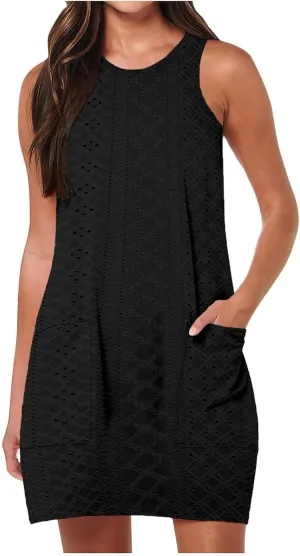 Summer Dresses for Women Casual Round Neck Sleeveless Mini Dress Loose Fit Texture Hollow Out A Line Beach Sundress