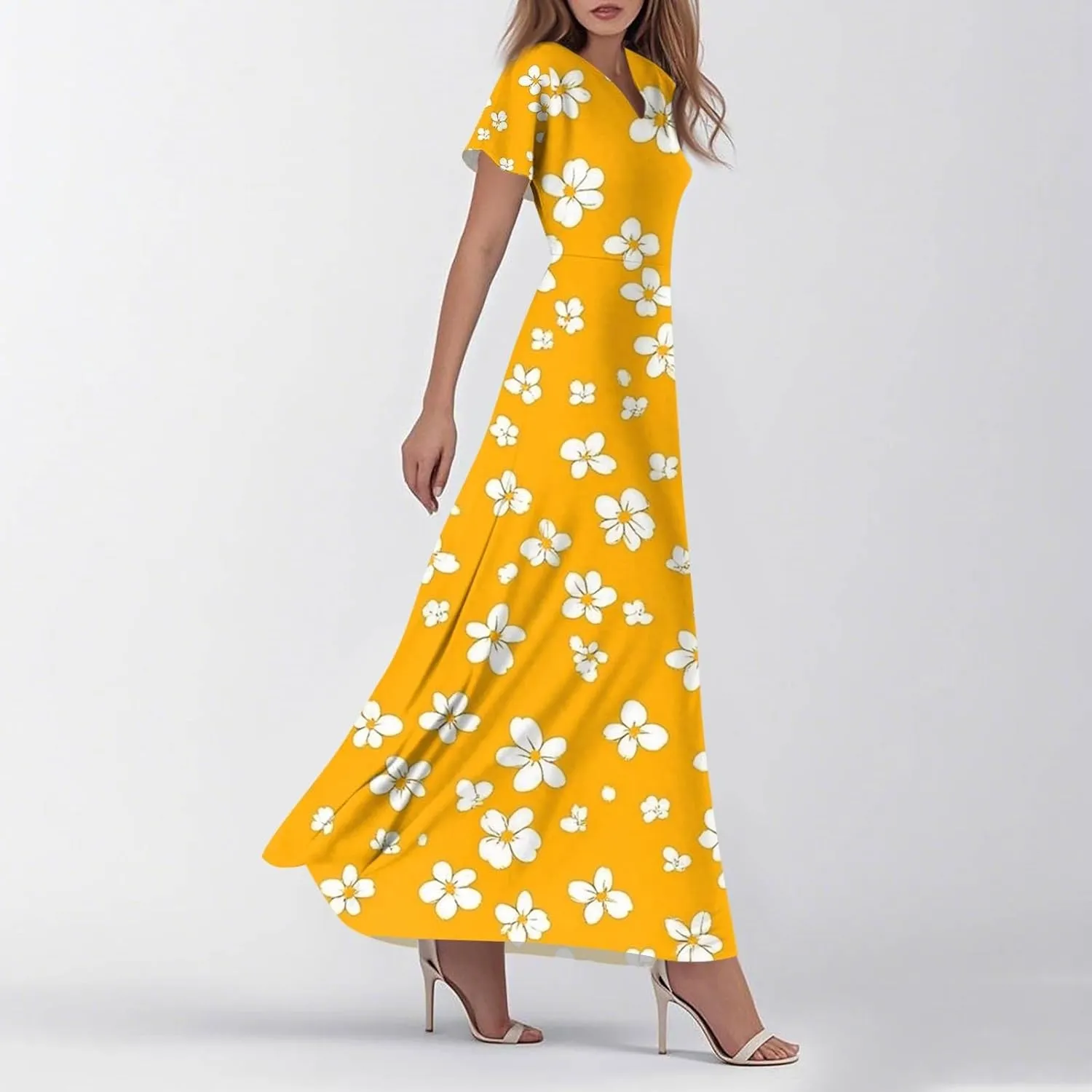 Summer Dresses for Women Floral A-Line Midi Dress Casual Short Sleeve V Neck Flowy Hawaiian Boho Beach Sundresses