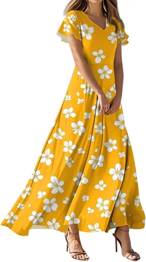 Summer Dresses for Women Floral A-Line Midi Dress Casual Short Sleeve V Neck Flowy Hawaiian Boho Beach Sundresses