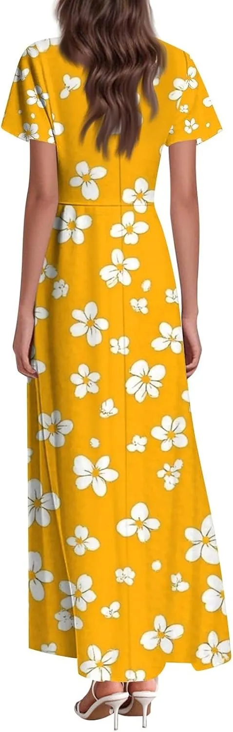 Summer Dresses for Women Floral A-Line Midi Dress Casual Short Sleeve V Neck Flowy Hawaiian Boho Beach Sundresses