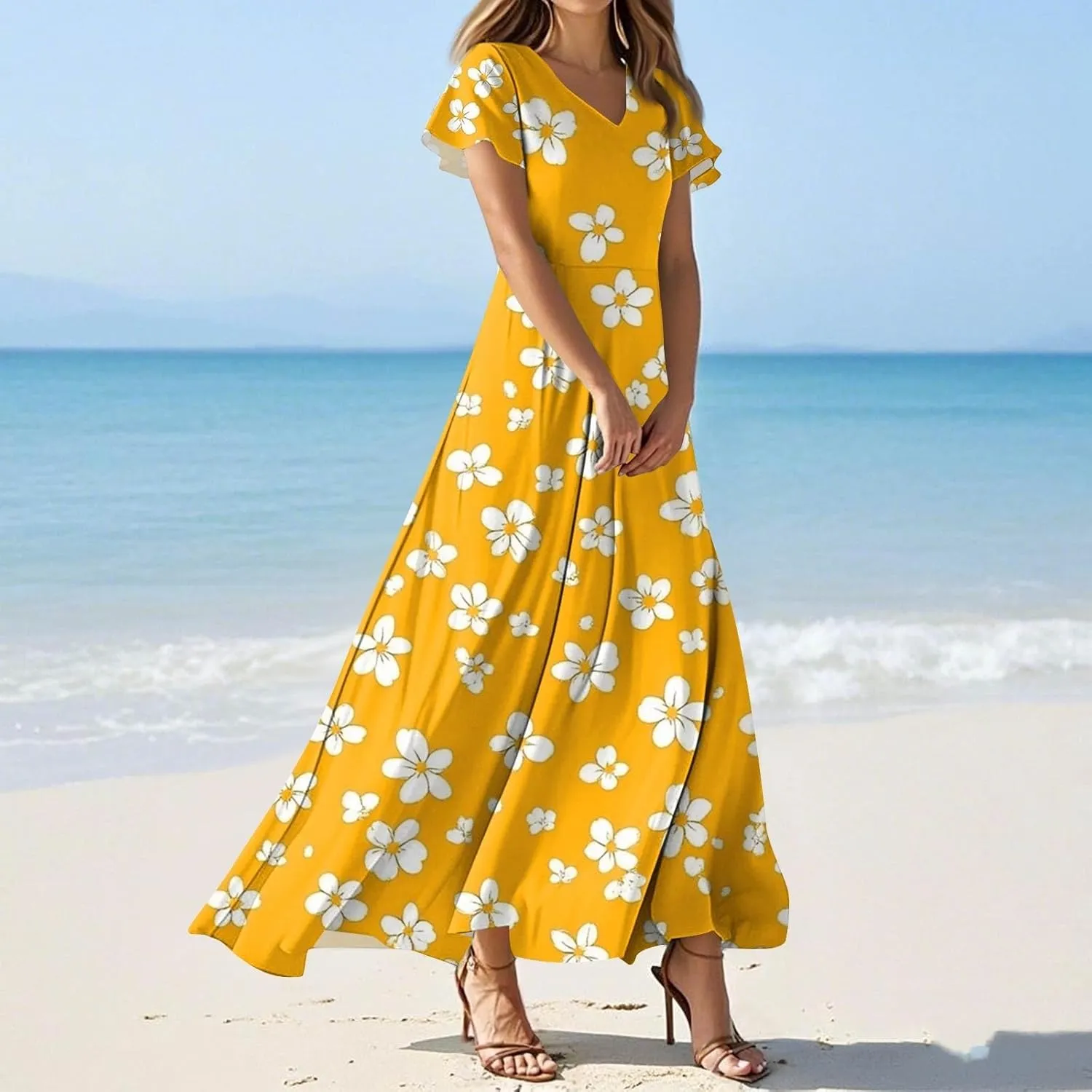 Summer Dresses for Women Floral A-Line Midi Dress Casual Short Sleeve V Neck Flowy Hawaiian Boho Beach Sundresses