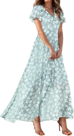 Summer Dresses for Women Highwaisted Flowy Maxi Dress Chiffon Ruffle Sleeve Boho Floral Dresses Western Wedding Dress