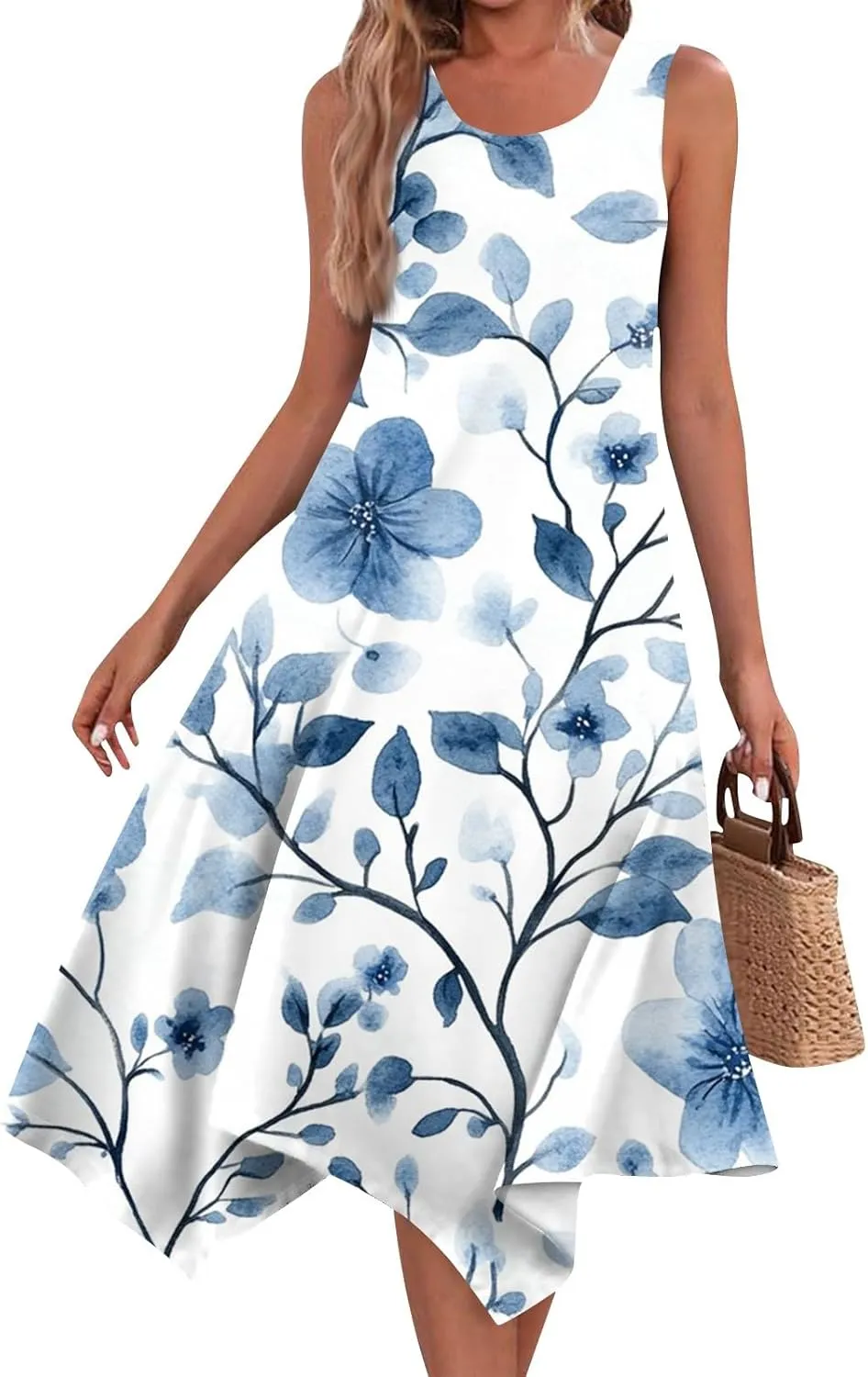 Summer Dresses for Women Summer Floral Flowy Sundresses Casual Beach Midi Tank Dresses Hankerchief Hem Sleeveless Dress