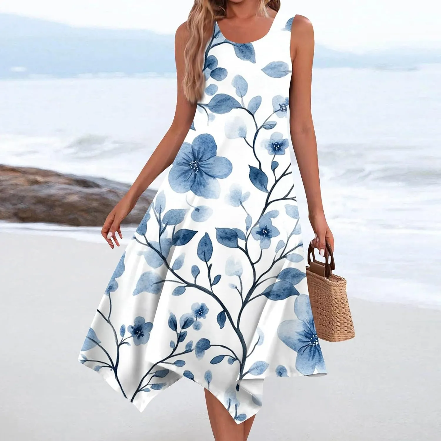 Summer Dresses for Women Summer Floral Flowy Sundresses Casual Beach Midi Tank Dresses Hankerchief Hem Sleeveless Dress