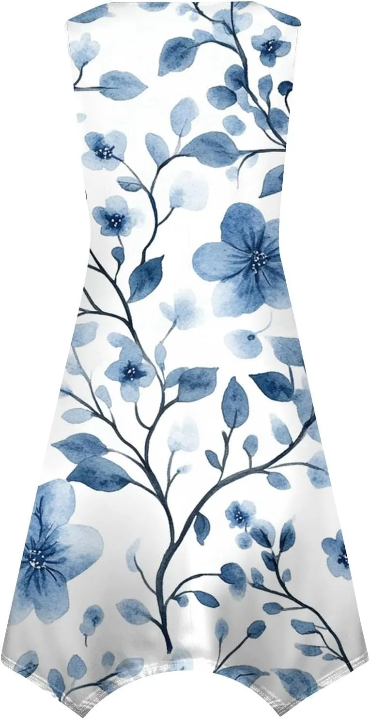 Summer Dresses for Women Summer Floral Flowy Sundresses Casual Beach Midi Tank Dresses Hankerchief Hem Sleeveless Dress