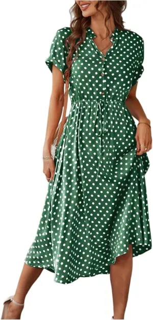 Summer Dresses for Women Trendy Short Sleeve Ruched Tie Waist Dress V Neck Polka Dot Button Down Boho Midi Sundress