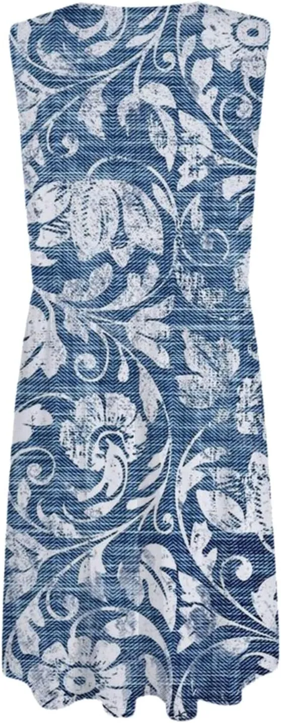 Summer Floral Midi Dress for Women Loose U Neck Casual Sleeveless 2025 Beach Floral Print Sundresses Dress with Pockets