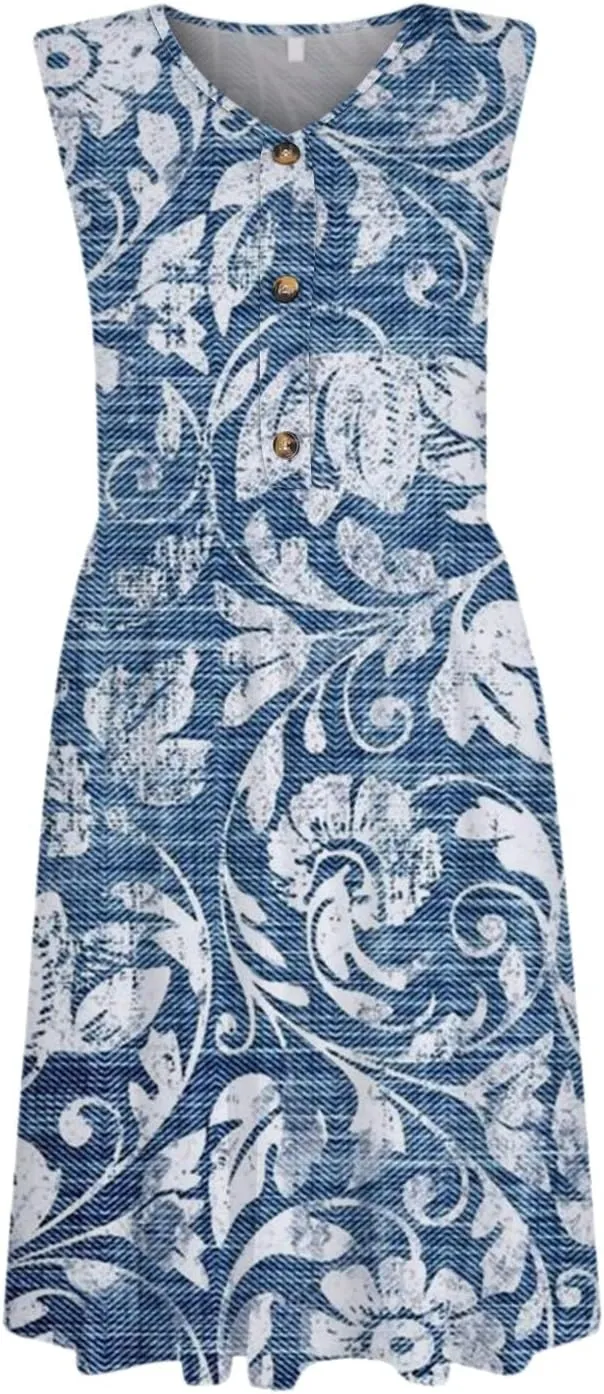 Summer Floral Midi Dress for Women Loose U Neck Casual Sleeveless 2025 Beach Floral Print Sundresses Dress with Pockets