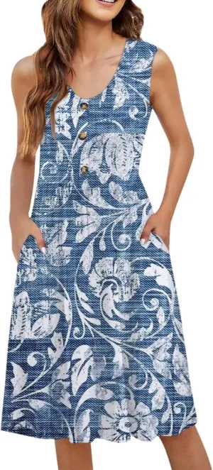 Summer Floral Midi Dress for Women Loose U Neck Casual Sleeveless 2025 Beach Floral Print Sundresses Dress with Pockets