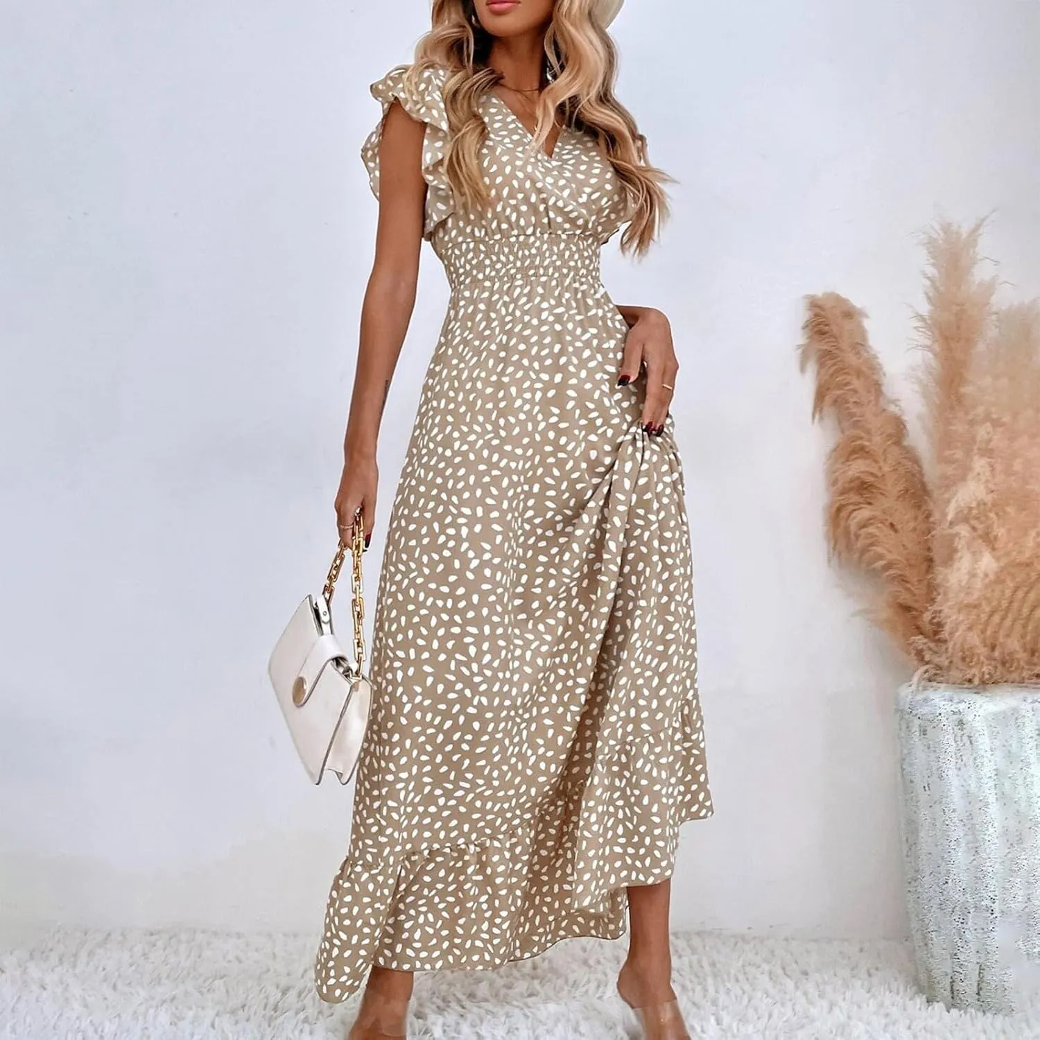 Summer Maxi Dresses for Women 2025 Floral Chiffon Dresses Ruffle Cap Sleeve V Neck Empire Waist Beach Vacation Dress