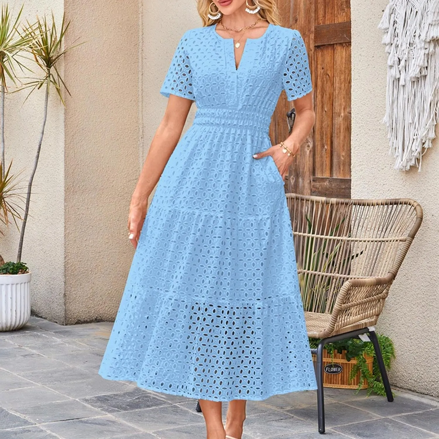 Summer Maxi Dresses for Women 2025 Trendy Hollow Out Eyelet Long Dress V Neck A Line Flowy Beach Vacation Outfits