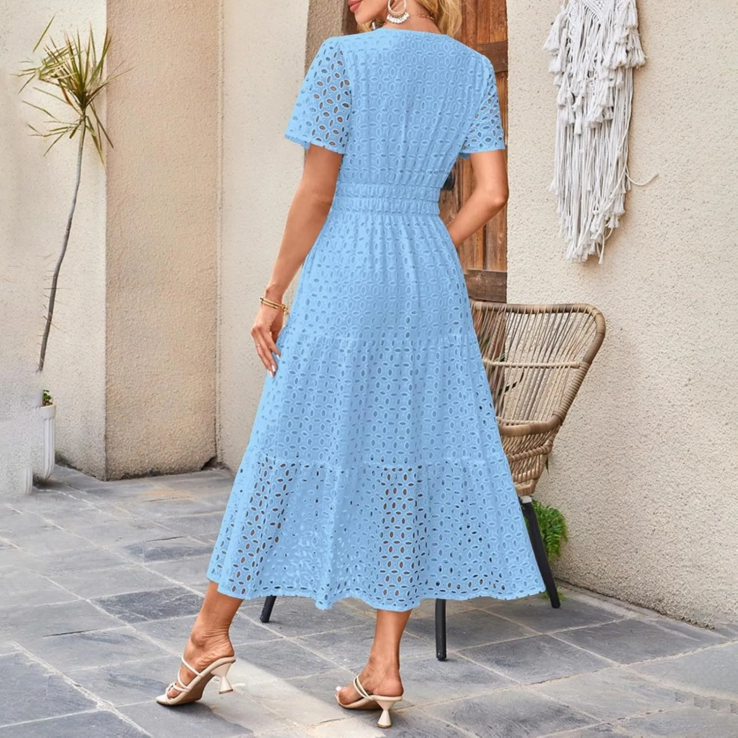 Summer Maxi Dresses for Women 2025 Trendy Hollow Out Eyelet Long Dress V Neck A Line Flowy Beach Vacation Outfits