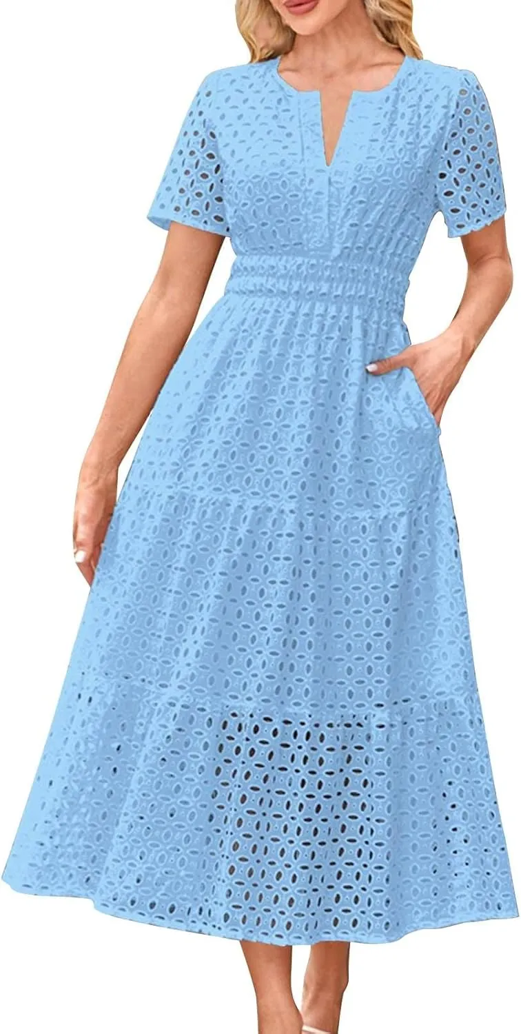 Summer Maxi Dresses for Women 2025 Trendy Hollow Out Eyelet Long Dress V Neck A Line Flowy Beach Vacation Outfits