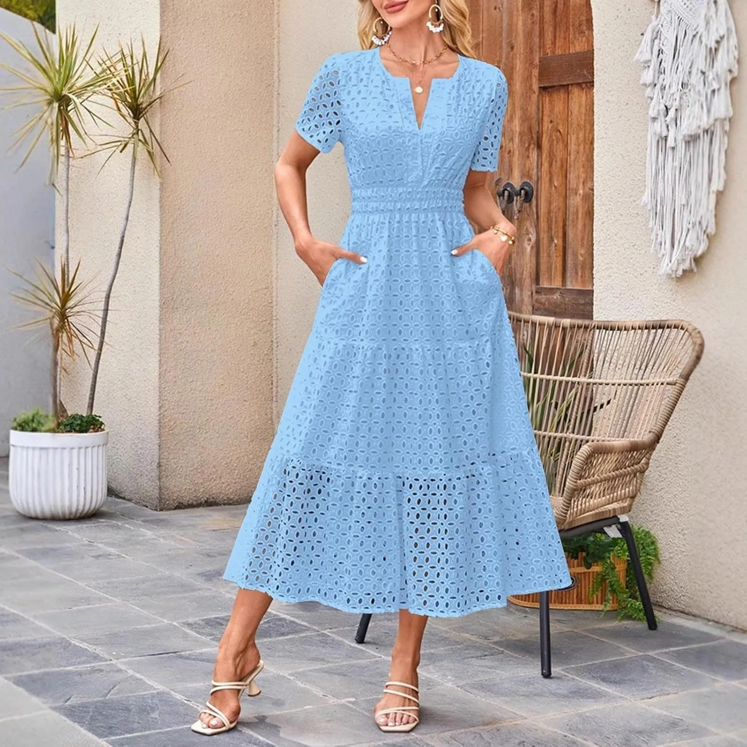 Summer Maxi Dresses for Women 2025 Trendy Hollow Out Eyelet Long Dress V Neck A Line Flowy Beach Vacation Outfits