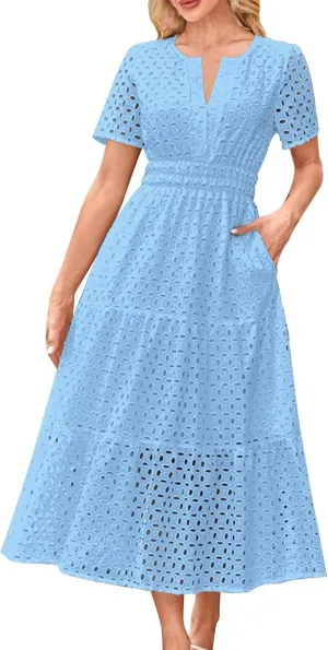 Summer Maxi Dresses for Women 2025 Trendy Hollow Out Eyelet Long Dress V Neck A Line Flowy Beach Vacation Outfits