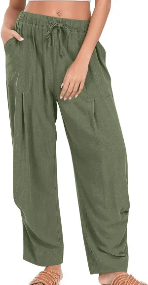 Summer Pants for Womens Cotton Linen Drawstring Straight Leg Trousers Loose Fit Breathable Outing Pants with Pockets