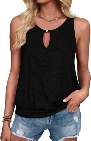 Summer Tank Tops for Women 2025 Metal Buckle Round Neck Sleeveless Fashion Loose Cute Tops Henley Shirts for Women's