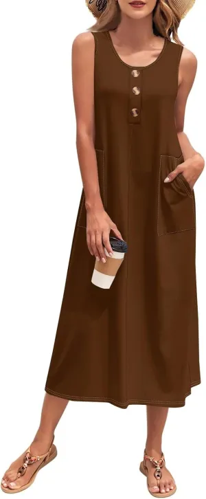 Sun Dresses for Women 2025 Vacation Summer Boho Beach Casual Empire Waist A-Line Midi Flowy Sundresses with Pockets