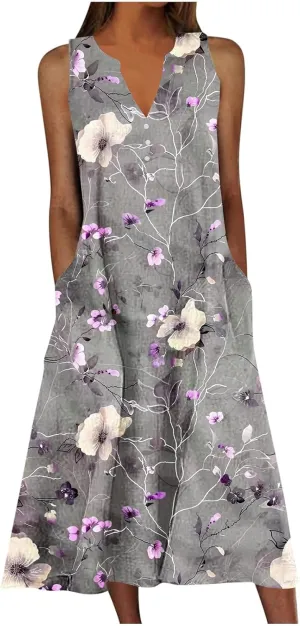 Sundress for Women Sleeveless Tank Dresses 2025 Vacation Plus Size Dress Casual Button V Neck Boho Floral Beach Dress