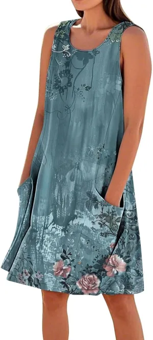Sundresses for Women 2025 Crew Neck Sleeveless Cotton Linen Mini Dress Cute Floral Printed Tank Dress with Pockets