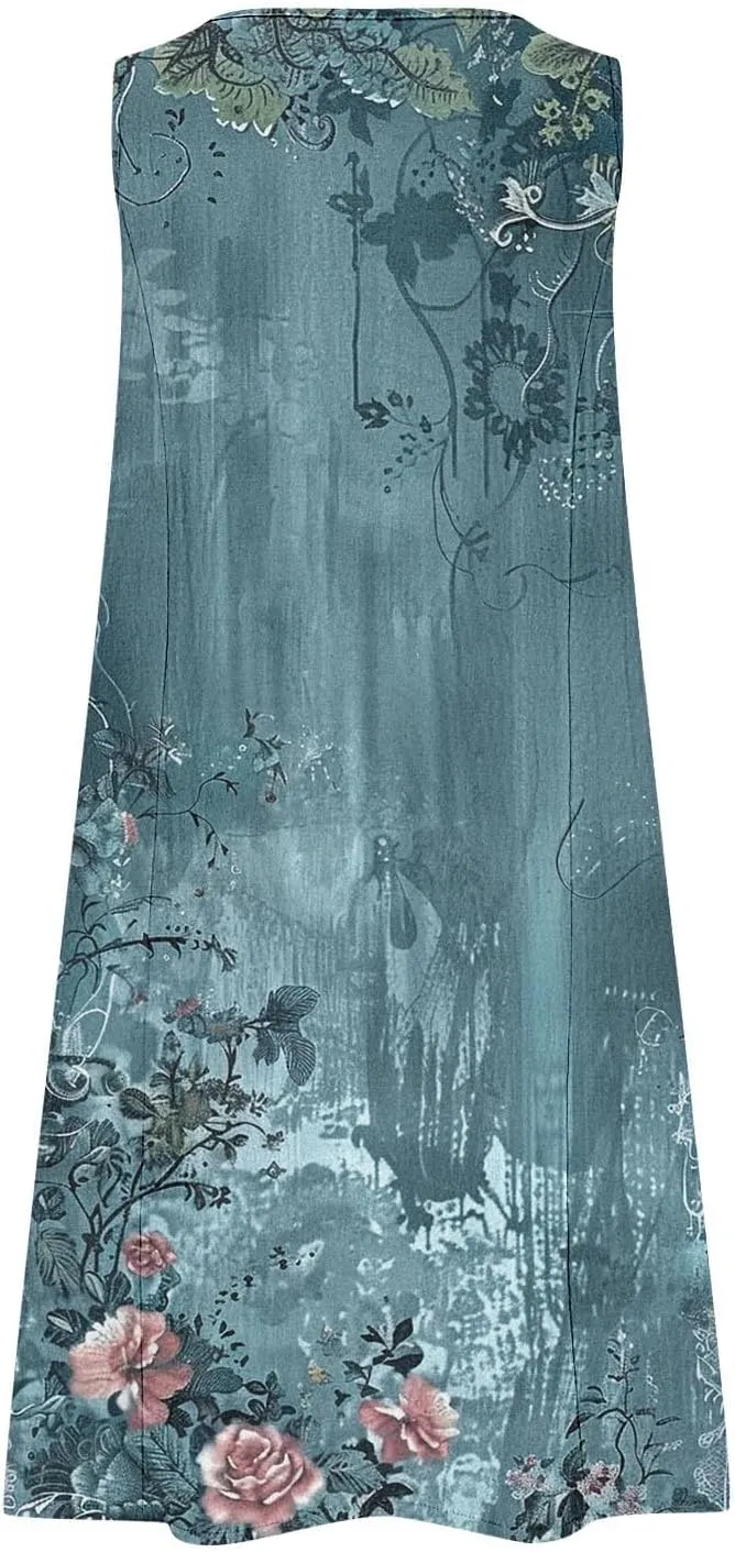 Sundresses for Women 2025 Crew Neck Sleeveless Cotton Linen Mini Dress Cute Floral Printed Tank Dress with Pockets