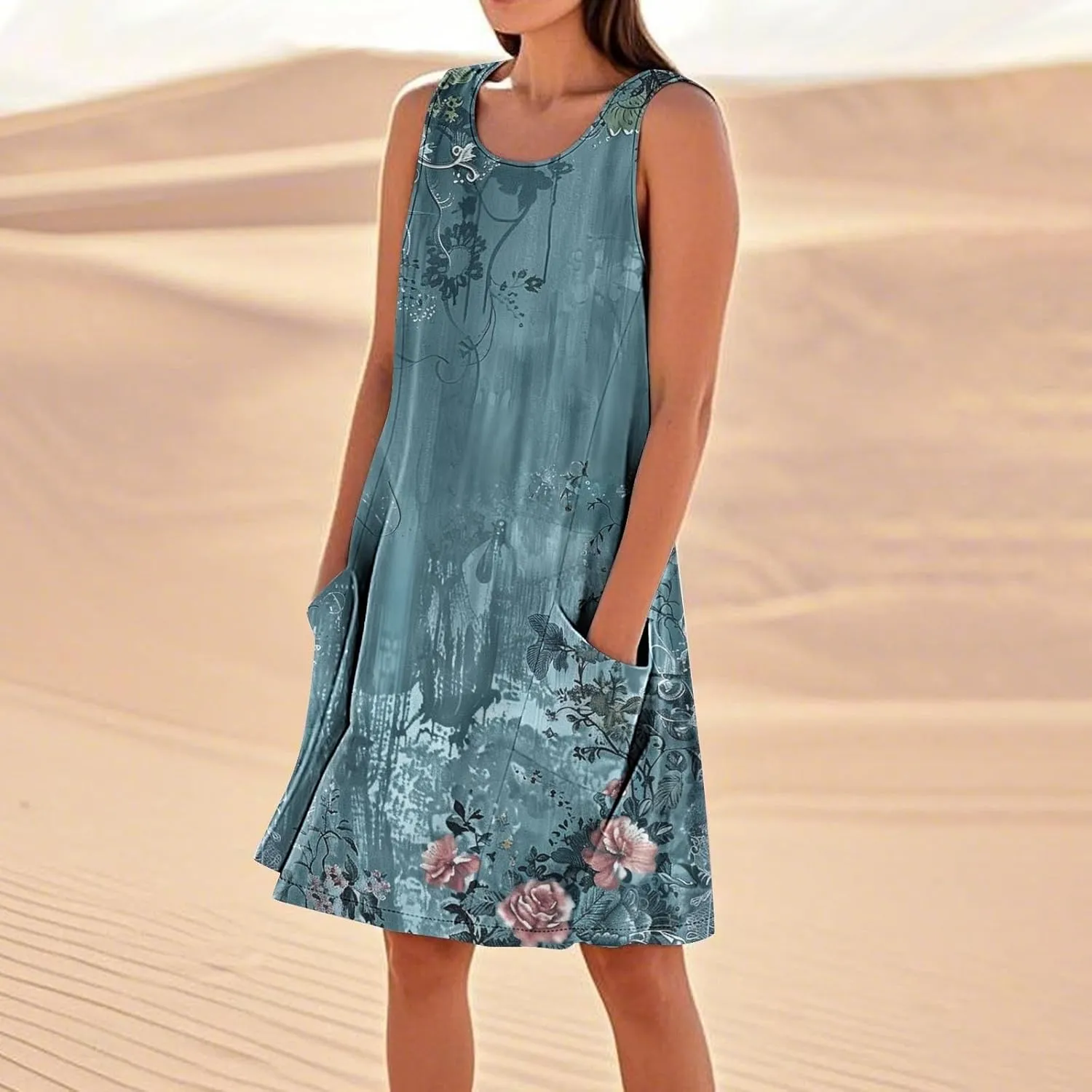 Sundresses for Women 2025 Crew Neck Sleeveless Cotton Linen Mini Dress Cute Floral Printed Tank Dress with Pockets