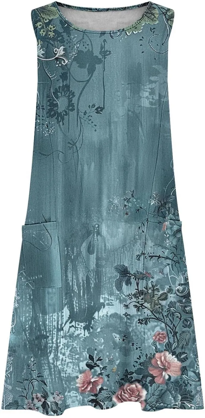 Sundresses for Women 2025 Crew Neck Sleeveless Cotton Linen Mini Dress Cute Floral Printed Tank Dress with Pockets