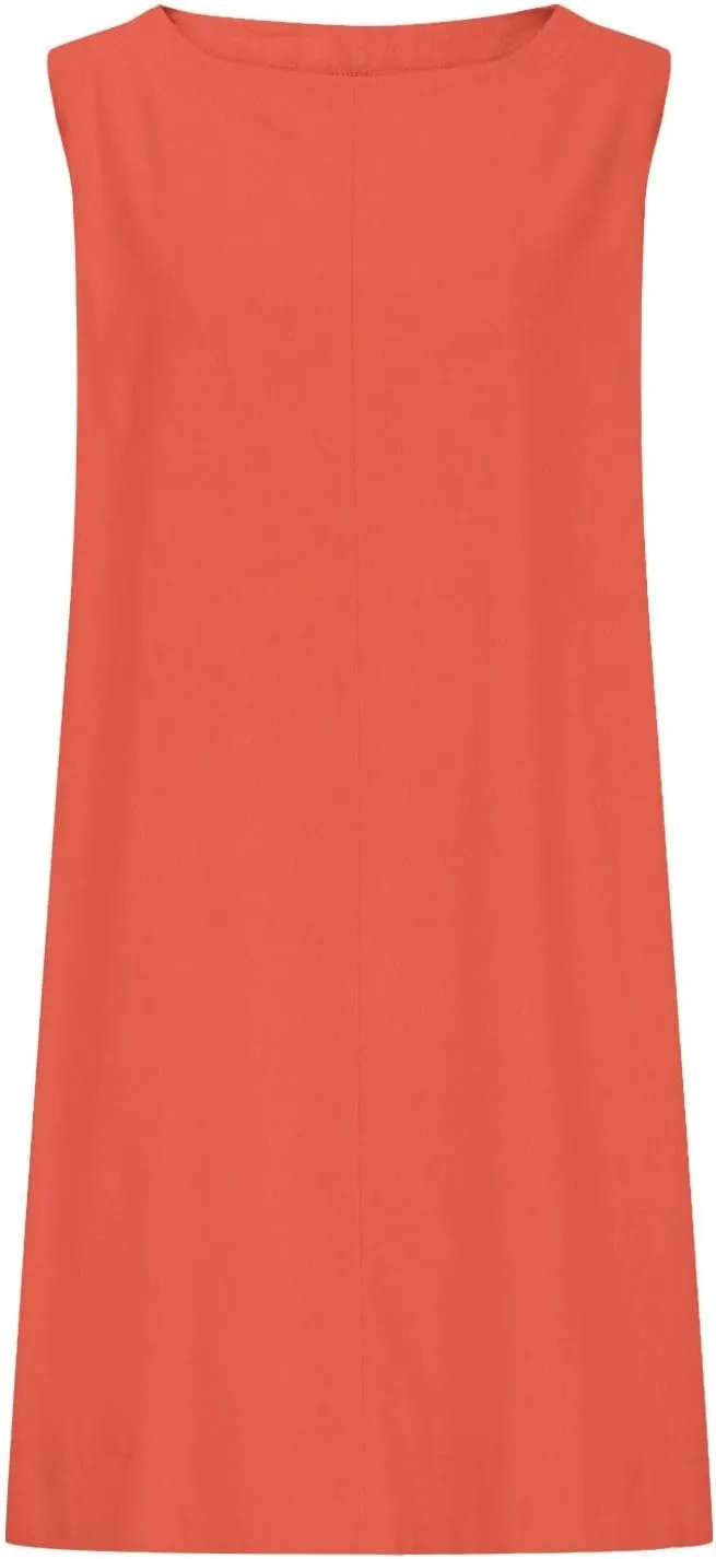 Sundresses for Women 2025 Solid Round Neck Sleeveless Tank Dress Casual Beach Vacation Cotton Linen Mini Dresses