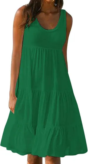 Sundresses for Women 2025 Vacation Summer Beach Dresses Casual Flowy Knee Length Tshirt Dress Sleeveless Ruffle Dress