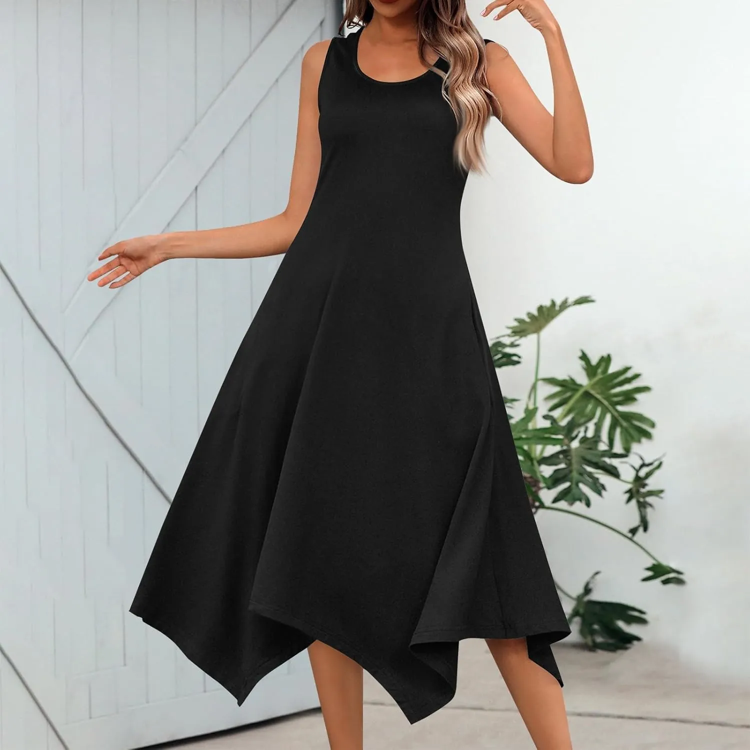 Sundresses for Women Summer Fashion Round Neck Sleeveless Floral Hawaiian Print Irregular Hem Midi Dresses