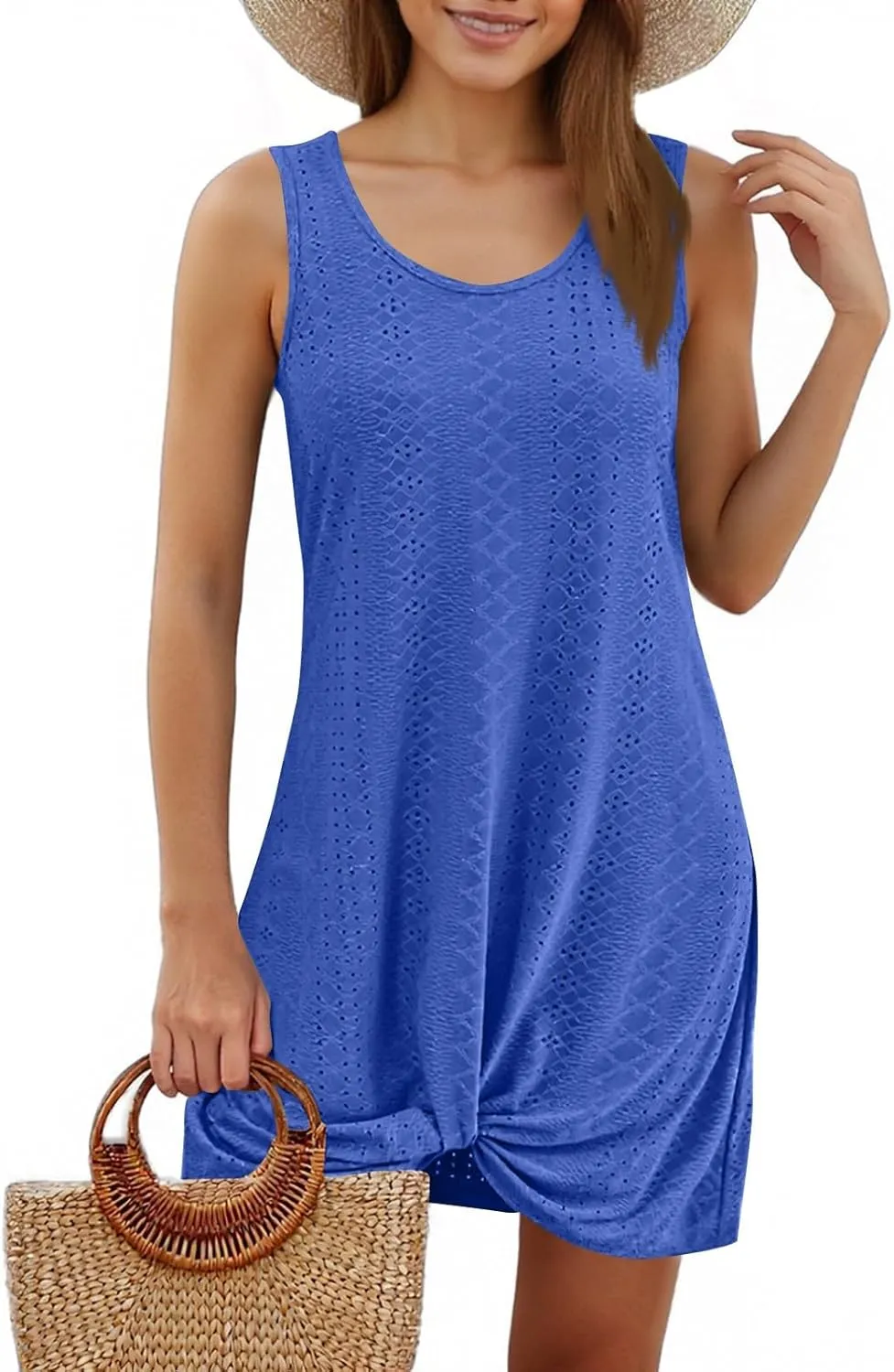 Swimsuit Coverup for Women 2025 Summer Vacation Beach Cover Up Eyelet Dress Crochet Coverups Sleeveless Short Tank Dresses