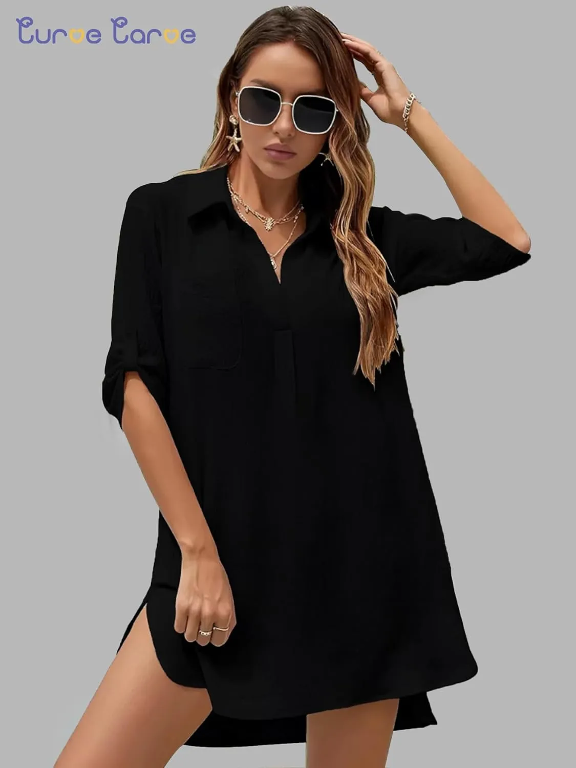 Swimsuit Coverup for Women V Neck Shirt Dress Bathing Suit Beach Cover Up 3/4 Sleeve Chiffon Cover Up S-XXL