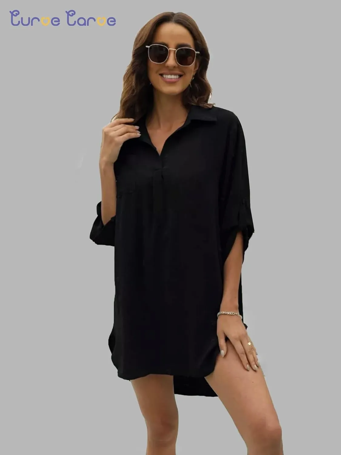 Swimsuit Coverup for Women V Neck Shirt Dress Bathing Suit Beach Cover Up 3/4 Sleeve Chiffon Cover Up S-XXL