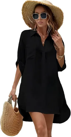 Swimsuit Coverup for Women V Neck Shirt Dress Bathing Suit Beach Cover Up 3/4 Sleeve Chiffon Cover Up S-XXL