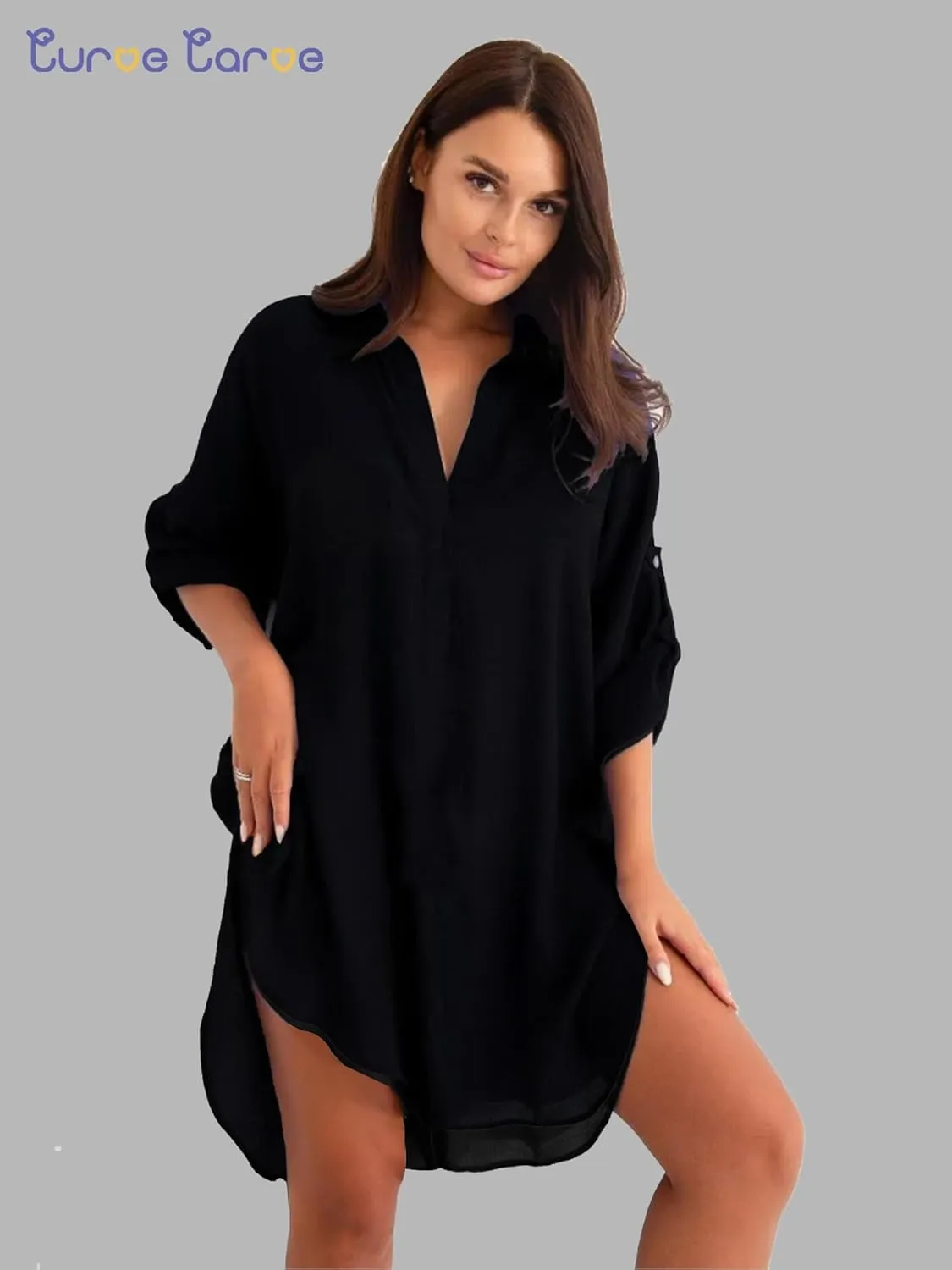 Swimsuit Coverup for Women V Neck Shirt Dress Bathing Suit Beach Cover Up 3/4 Sleeve Chiffon Cover Up S-XXL