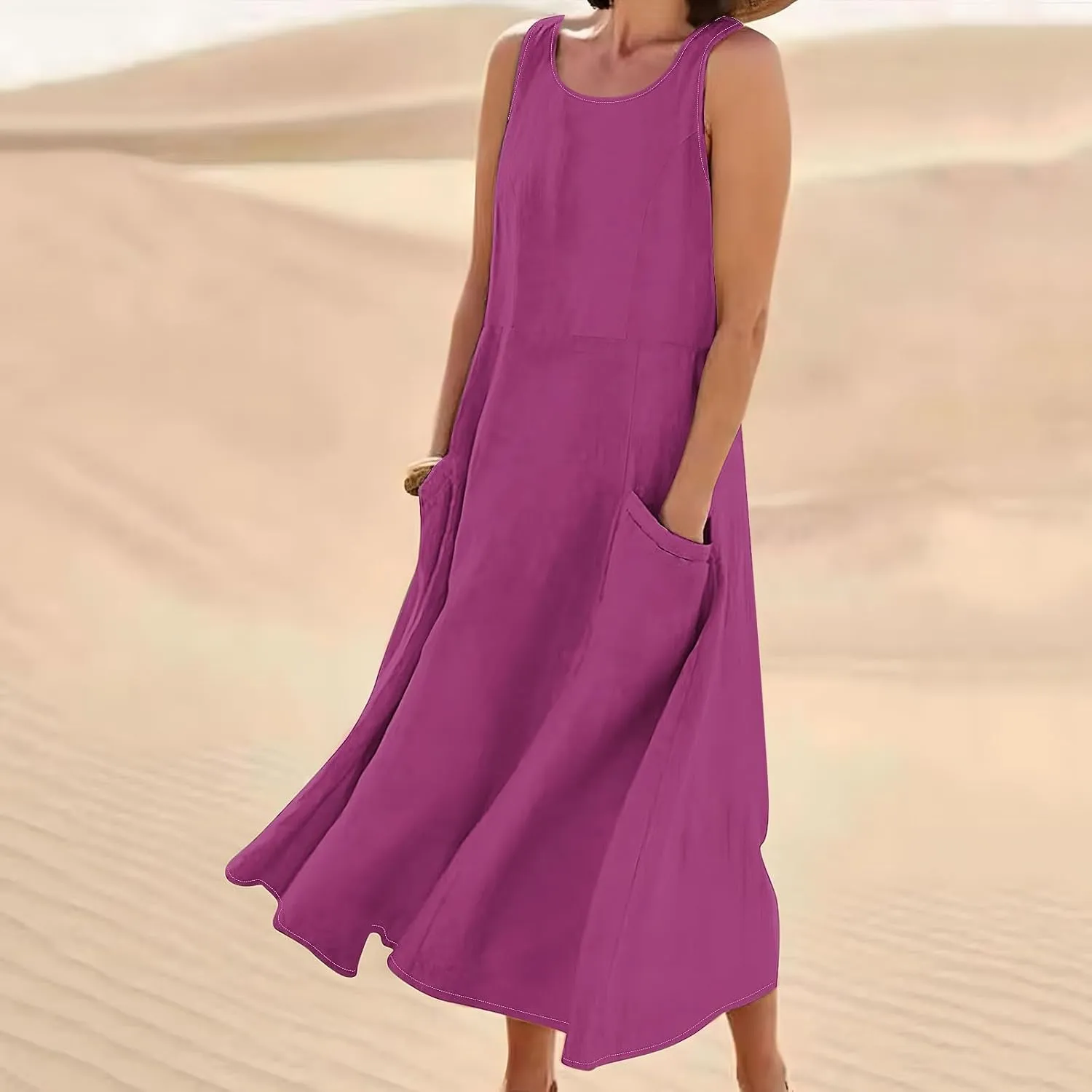 TANGNADE Women's Summer Cotton Linen Plus Size Long Dress Sleeveless Flowy Dresses Loose Comfy Dress with Pockets