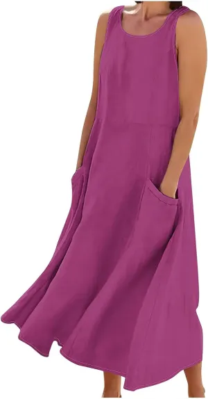 TANGNADE Women's Summer Cotton Linen Plus Size Long Dress Sleeveless Flowy Dresses Loose Comfy Dress with Pockets